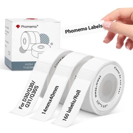 Phomemo White Labels for D30/Q30/Q31/Q30S Mini Label Printers, Compatible with Colorwing Q30, Phomemo Label Printer Q31/Q30S/Q32, 14 mm x 40 mm, Label Roll with 160 Labels/Roll, 3 Rolls