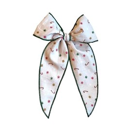 Girls Handmade Hair Bow/Fable Bow, Large (7.5 x 4.5") or Small (3.5 x 5.5"), Christmas print with candy canes and snowflakes, light grey background, red, white, green, carmel colors) (Large)
