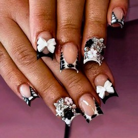 24 Pcs Black French Press on Nails Short Square Fake Nails Nude False Nails with White Flower Rhinestone Bows Design Glossy Nail Tips Full Cover Acrylic Nail Kit for Women Manicure 24 Pcs