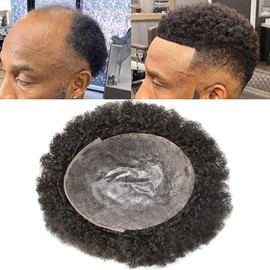 Afro Toupee For Black Men Full Poly Skin PU Injection 6mm Afro Wave Human Hair Men Replacement System Afro Kinky Curl Men Hair Units (1# Jet Black,12MM Afro)