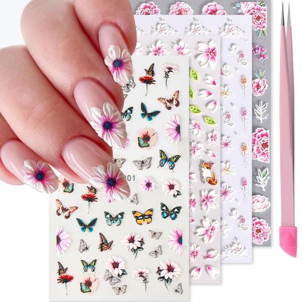 VOTACOS Pink Flower Nail Art Stickers Decals 5D Embossed Nail