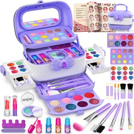 Hollyhi 58pcs Kids Real Makeup Sets for Girls, Safe Washable Children Pretend Dress Up Toys Make Up Starter Kit, Princess Christmas Birthday Gifts for Age 3 4 5 6 7 8 9 10 11 12 Year Old Girl (Purple)