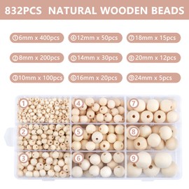 packra Wooden Beads for Threading, Natural, Wooden Balls with Hole for Crafts, DIY Macrame, Round for Jewellery Accessories (6 mm, 8 mm, 10 mm, 12 mm, 14 mm, 16 mm, 18 mm, 20 mm, 24 mm) Pack of 832