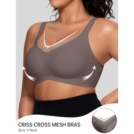 OEAK Womens Wireless Bras V Mesh Comfortable Bralette Supportive Tshirt Bra No Underwire Seamless Push Up Everyday Bras Grey M