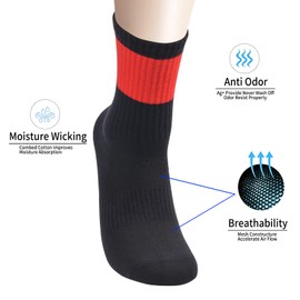Men's Boy's 5 Pairs Anti Odor Stink Resist Breathable Crew Mid Calf Casual Workout Socks,Black with Red, Size 7-12