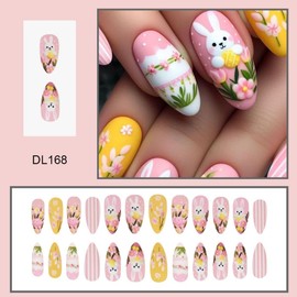 Easter Press on Nails Bunny Medium Almond Fake Nails with Egg Design Cute Rabbit Nails Press ons, Yellow Floral False Nails Glossy Pink Flower Reusable Spring Nails for Women Girls Manicure 24pcs