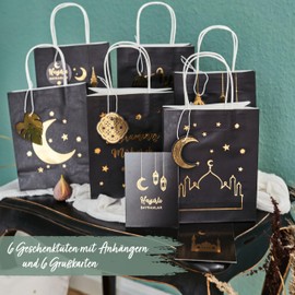 Papierdrachen 6 Black Ramadan Handbags - Beautiful and High Quality Gold Printed - Ideal for Wrapping Gifts - with Tags and Postcards - Set of 2