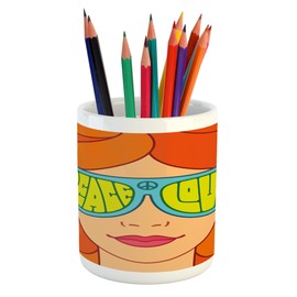Ambesonne 70s Party Pencil Pen Holder, Red Haired Girl with Sunglasses Retro Typography Hippie with Love and Peace Print, Ceramic Pencil Pen Holder for Desk Office Accessory, 3.6" X 3.2", Orange