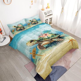 Suncloris Romantic Sea Turtle Comforter Set, Rose Flower Reptile Tortoise Bedspread for Kids and Adults, Navy Blue Ocean Animal Pattern Quilt Bedroom Decor with 2 Pillow Cases (01, Queen)
