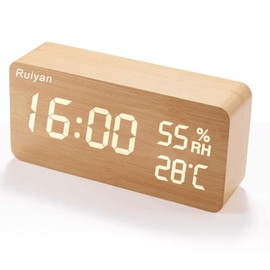 Alarm Clock, Loud Volume, Digital Table Clock, Thermometer/Hygrometer, Tabletop, Stylish, Wood Grain Style, Voice Detection, Power Saving, USB Power, Gift, Yellow