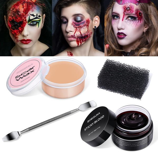 BOBISUKA 4 Piece Halloween SFX Special Effects Makeup Kit - Modeling Scar Wax + Coagulated Blood with Spatula Tool and Black Stipple Sponge All in One (VAMPIRE SET)