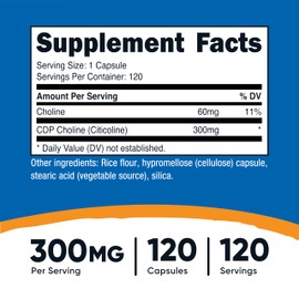 Nutricost CDP Choline (Citicoline) 300mg, 120 Vegetarian Capsules - Non-GMO, Vegetarian Friendly, Gluten Free