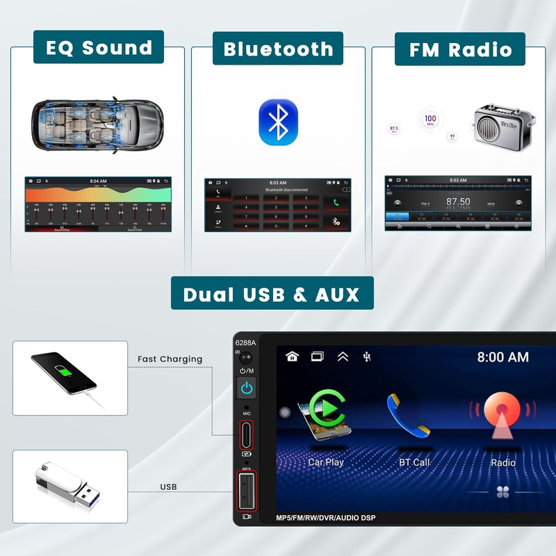 【2+64GB】 Hikity Android 13 Single Din Car Stereo Wireless Carplay