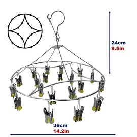 CHERRY GLOBAL Quick Release Round Stainless Steel Laundry Drying Rack with 20 Clips,Swivel Hook Wind-Proof Clothes Hanger Rack for Sock, Bras, Underwear, Laundry Accessories