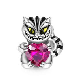 GNOCE Charm Bead Cheshire Cat Hugging Heart Gemstone Charm 925 Sterling Silver Black Plated for Bracelet Necklace Jewellery Gift for Women, Silver, Cubic Zirconia