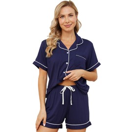 Yoolfine Womens Pajama Sets Short Sleeve Sleepwear Soft Button Down Nightwear Lounge Pj Set,Small,Navy Blue