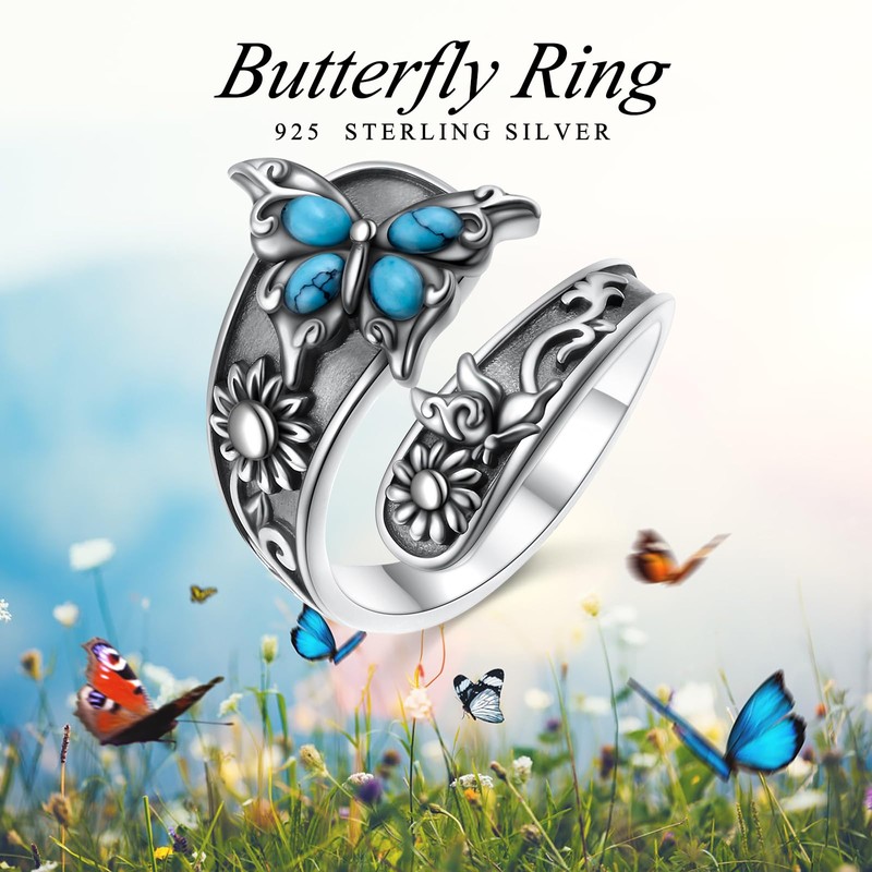 Alphm Butterfly Spoon Turquoise Ring for Women S925 Sterling Silver