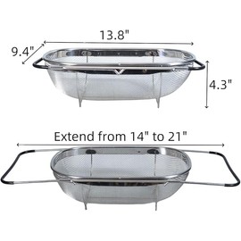 Premium Quality Over The Sink Stainless Steel Oval Colander with Fine Mesh 6 Quart Strainer Basket & Expandable Rubber Grip Handles - Strain, Drain, Rinse Fruits, Vegetables