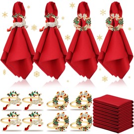 eBoot Set de 16 Anillos y Servilletas de Navidad 8 Servilletas Navideñas Lavables Rojas y 8 Servilleteros Navideños para Decoración de Mesa de Fiesta Cena Vacación Navidad (Alce, Bello)