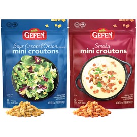 Gefen Seasoned Mini Croutons Variety Pack, 12 oz | 1 Bag Sour Cream & Onion, 1 Bag Smoky | Mini Croutons for Salad, Soup and Snacking | Dairy Free Seasoned Croutons | Vegan