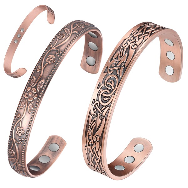 Feraco Copper Bracelet for Women Arthritis & Joint, Magnetic Bracelets for Women Pain Relief, 99.99% Pure Copper Cuff Bangle with 3500 Gauss Healing Magnets, Adjustable, Vintage Flower Collection, 172*10 millimeter, Metal, no gemstone