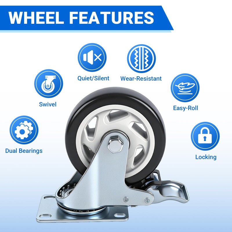 4 Inch Industrial Plate Casters, 2 Rigid & 2 Locking