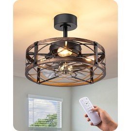 EDISHINE 20 Inch Fandelier Caged Ceiling Fans with Lights and Remote, 10%-100% Dimmable, Rustic Bladeless Ceiling Fan, Small Farmhouse Fan Lights Ceiling Fixtures for Kitchen, Bedroom-Brushed Gold