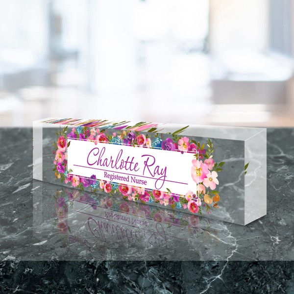 VWAQ Personalized Floral Name Plate for Desk On Clear Acrylic