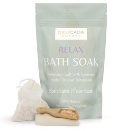 Bath Salts | Foot Soak | Himalayan Salts Infused with Lavender Essential Oil | Spa Grade Relaxation | Promotes Wellbeing | Detoxify Skin | Cotton Bag & Wooden Scoop | Bath Soak (500g) (Relax)