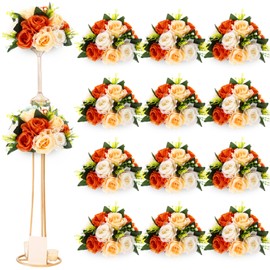 Hotop 12 Pcs Fall Artificial Flower Ball Centerpieces for Tables, Fall Wedding Table Decorations, Thanksgiving Silk Rose Floral Arrangements for Reception, Banquet, Wedding Party