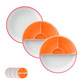 Omie® Easy Scoop Plates for Kids | Unique Design Helps Food Fall into the Spoon, Not on the Table | Made from Plants | 3 Plates + 2 Silicone Dividers | Pink