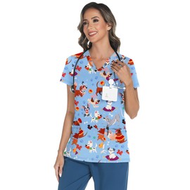 LOMON Scrubs for Women V Neck Print Scrub Tops Soft Knit Nurse Uniform Shirts with 3 Pockets Cute Dogs L