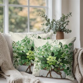 Eucalyptus Leaves Pillow Covers 18x18 Set of 2 Spring Sage Green Leaf Throw Pillow Covers Summer Plants Floral Mason Jar Decorative Pillow Cases Farmhouse Outdoor Cushion Case for Home Couch Sofa