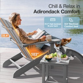 YEFU Adirondack Chair Weather Resistant: Outdoor Chair HIPS Plastic Adirondack Chairs - Patio Chairs with Wood Texture - Lawn Fire Pit Deck Porch Garden Chairs for Adults (Grey)