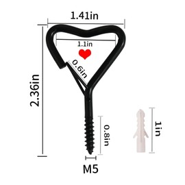 Ticway Pack of 20 Stainless Steel Hooks for Screwing with Safety Buckle, Black Screw Hooks, Wall Hooks for Screws, Ceiling Hooks, Hanging Plants, Cups, Flower Pots (Heart-Shaped)