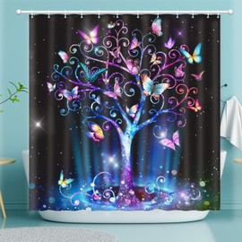 Shower Curtain Butterfly Tree, Shower Curtain for Bathroom, Fluorescence Tree Shower Curtain Sets with 12 Hooks Waterproof Polyester Fabric Machine Washable Home Office Farmhouse Decor Bath Curtain