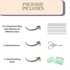 Jewel Geni Ring Size Adjuster for Loose Rings, 8 Pieces with a Scissors and Polishing Cloth, Clear or Invisible Ring Sizers, Tighteners or Spacers, Best Ring Guards for Women and Men
