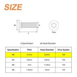 uxcell M4-0.7x8mm Flat Head Torx Anti Theft Machine Screws, 100Pcs 10.9 Grade Alloy Steel, Torx Drive, Countersunk Head, Full Thread, Black Oxide Finish