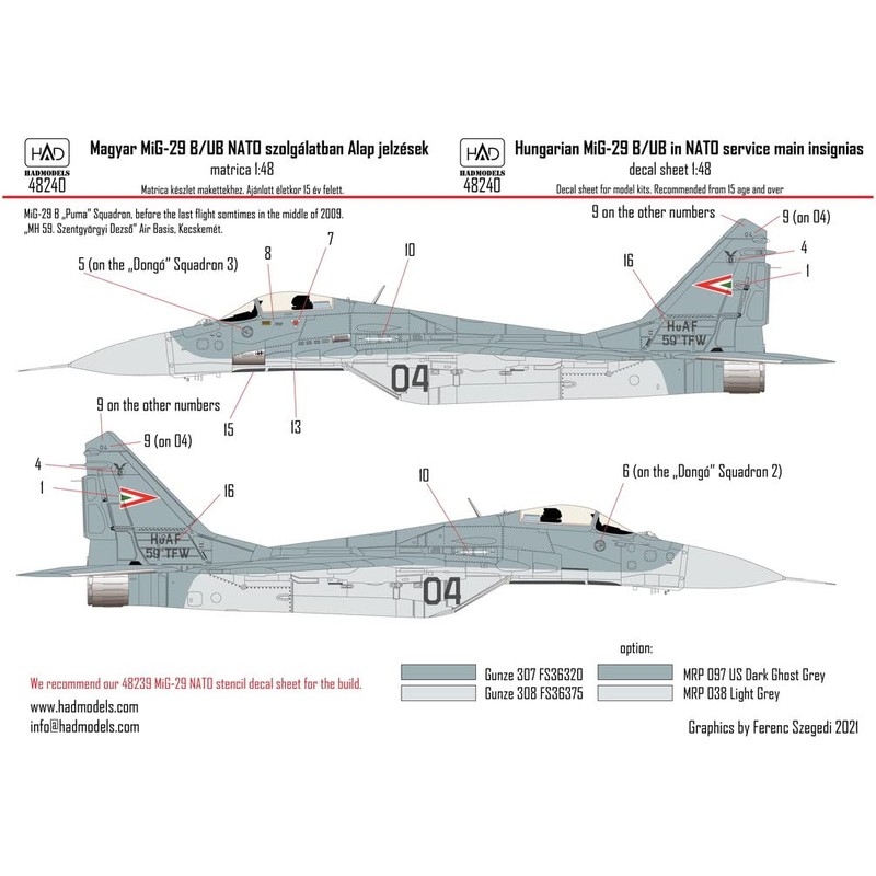 Hadモデルズ 1/48 ハンガリー空軍 MiG-29B/UB 新迷彩 プラモデル用デカール HAD48240