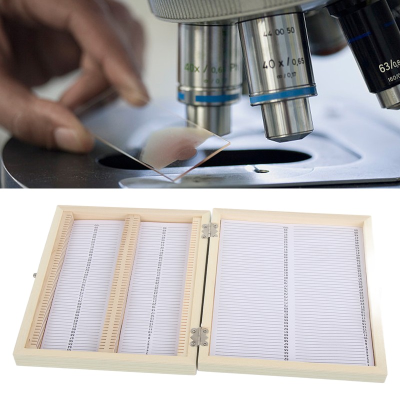 100PCS Biology Glass Prepared Microscope Slides Specimens Wooden Slide Storage