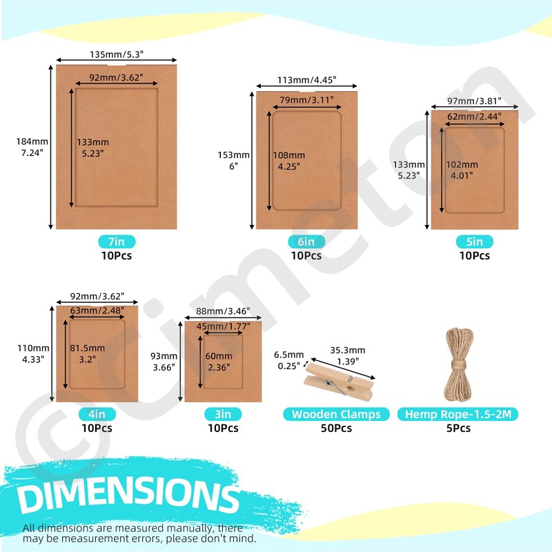 Cimeton 50Pcs Brown Paper Picture Frames 3" 4" 5" 6"