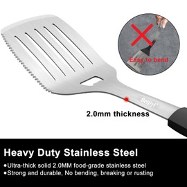 Beijiyi Stainless Steel Grill Spatula Turner, 15.8'' Grill Spatula for Outdoor Grill with Full Tang Silicone Handle, 3-in-1 Metal BBQ Spatula for Grill, BBQ Grilling Spatula Tools with Serrated Edge
