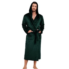 EK4YDNDS Mens Hooded Fleece Robe, Lightweight Soft Warm Fleece Bathrobe Shower Spa Long Robe With Pockets(DARK GREEN,S/M)