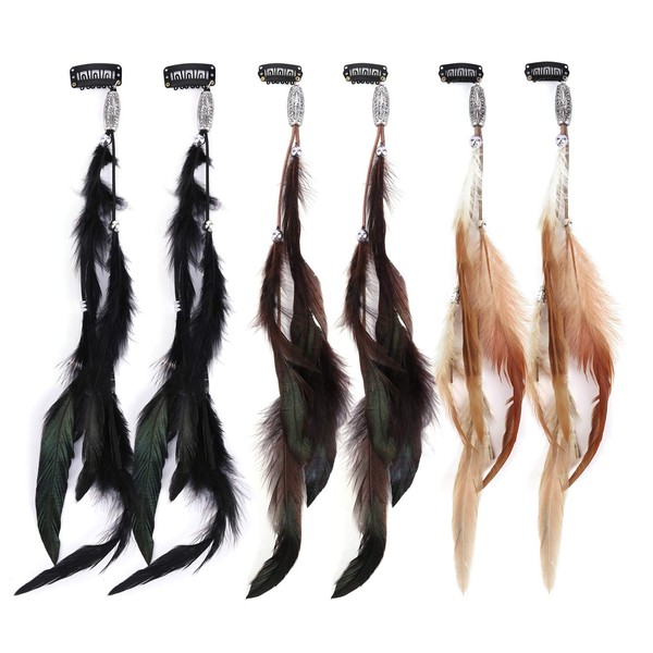 MWOOT Feather Clip in Hair Extension 6Pcs, Handmade Feather Hair Clips, Hippie Hair Headwear, Halloween Cosplay Hairpin Tassel Headdress Accessories