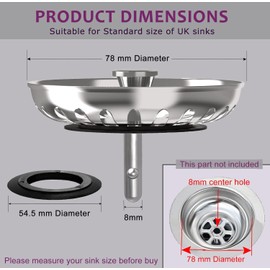 SANTUO 2Pcs 78mm kitchen Sink Plug Replacement Stainless Steel Sink Strainer with 4 Silicon Rubber Seals for Single Double Bowl Use Sink Plug Strainer for Food Waste Hair Catcher Prevent Bad Smells