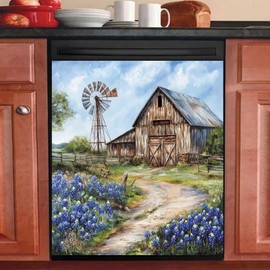 Generic Rustic Farmhouse Barn Flowers Magnetic Dishwasher Cover,Vintage Country Scenery Windmill Kitchen Decor Dishwasher Magnet Decals,Refrigerator Magnet Sticker Appliance Cover Protector,23Wx26H