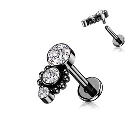 PiercedOff Black 316L Surgical Steel Labret with Triple Clear CZ Round Dropdown With Ball Cluster - Length 6mm Width 1.2mm