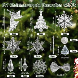 Pack of 63 Christmas Tree Decorations, DIY Acrylic Snowflakes Icicle Pendant Christmas Decorations, Crystal Christmas Tree Decoration