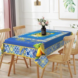 TTQYFNM 60x108inches Blue and Yellow Rectangle Tablecloth Summer Fruit Lemon Boho Floral Printed Pattern Table Cloth Waterproof and Stain Resistant Table Cover for Dining Room Kitchen Home Decor