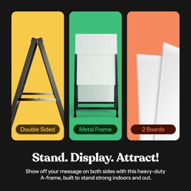 T-SIGN Outdoor A-Frame Sidewalk Sign 24x36 Inch Sandwich Board, Black Coated Steel Metal Double-Sided, Heavy Duty Slide-in Folding Frame Sign Holder, 2 Corrugated Plastic Poster Boards, Display Stand